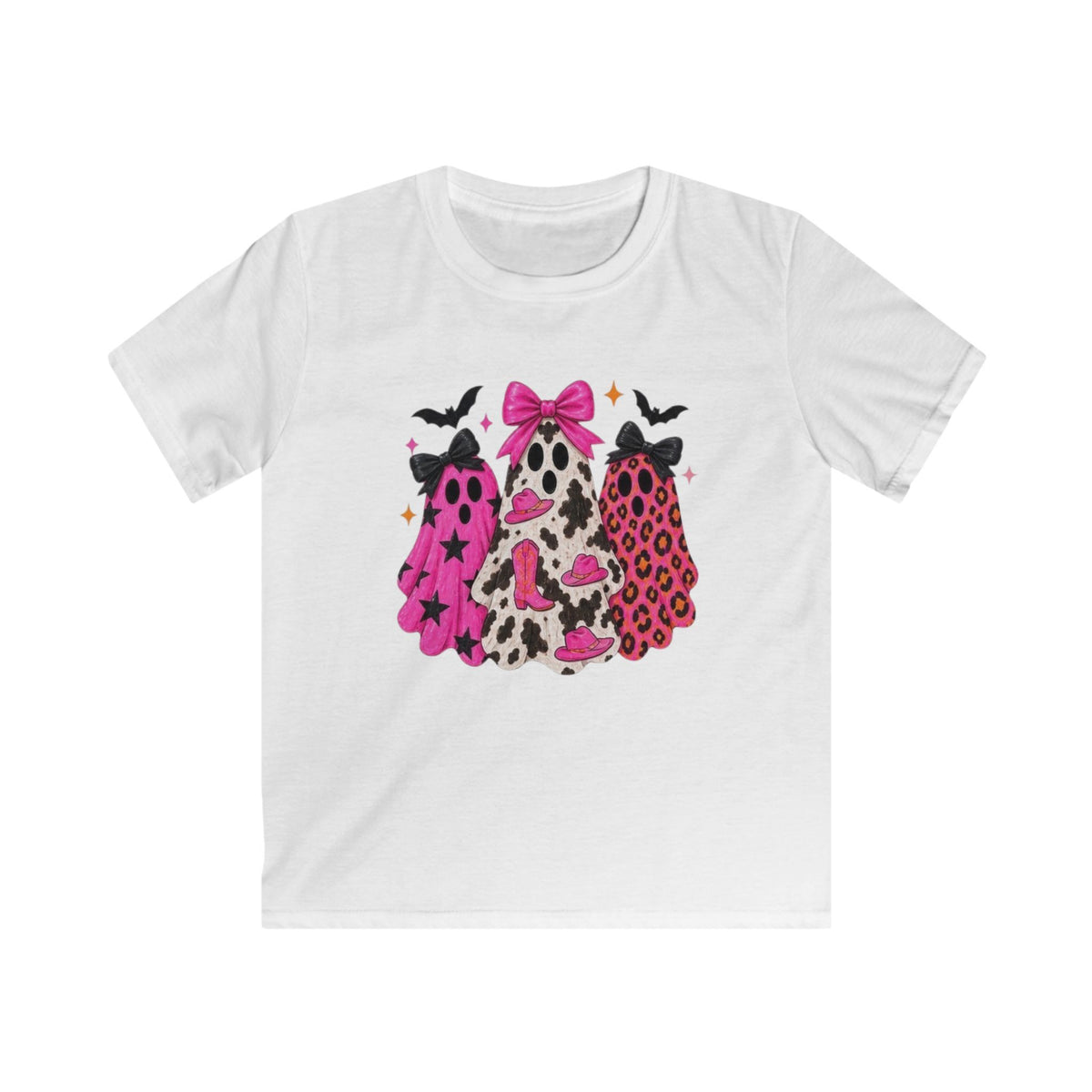 Kids Halloween Leopard Print Ghosts T-Shirt – Pink Bow Spooky Tee for Girls