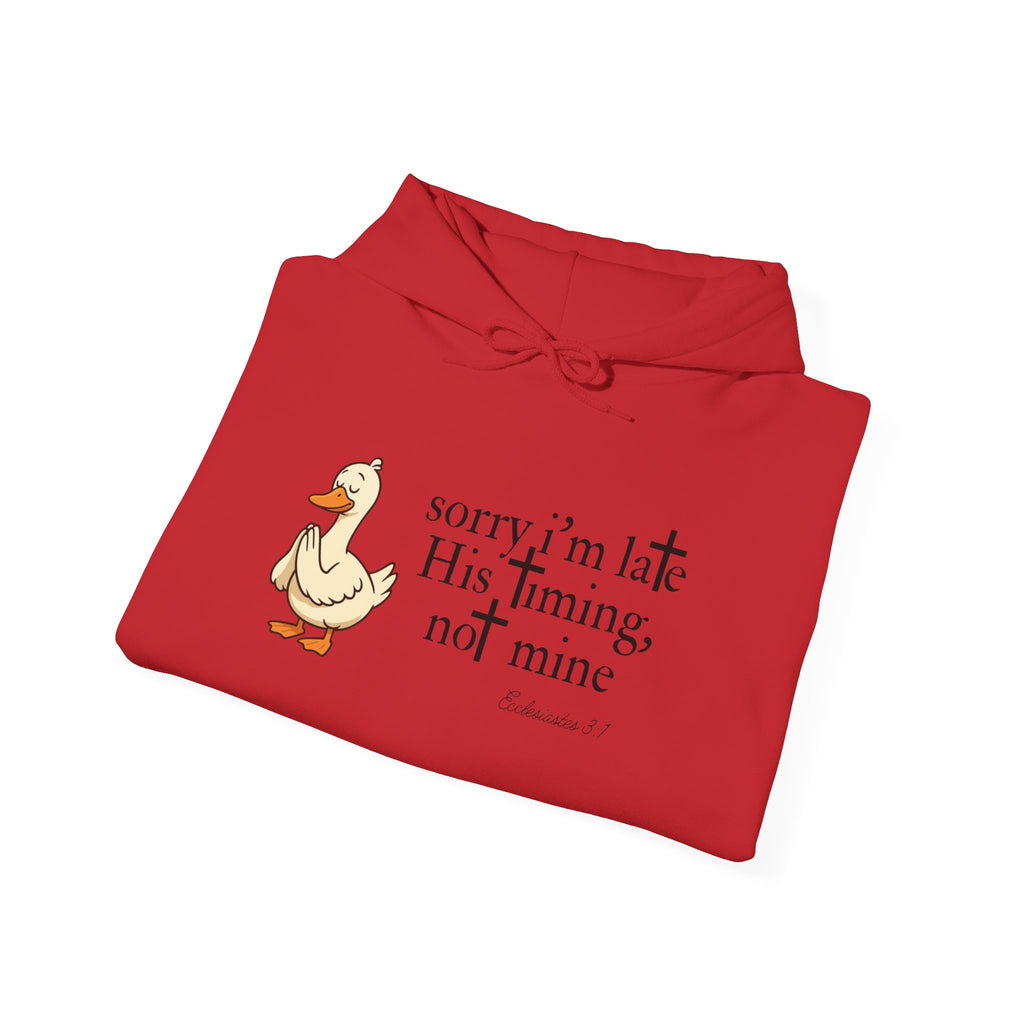 Hoodie — "Sorry I’m Late, His Timing Not Mine" Cute Duck Faith Hoodie