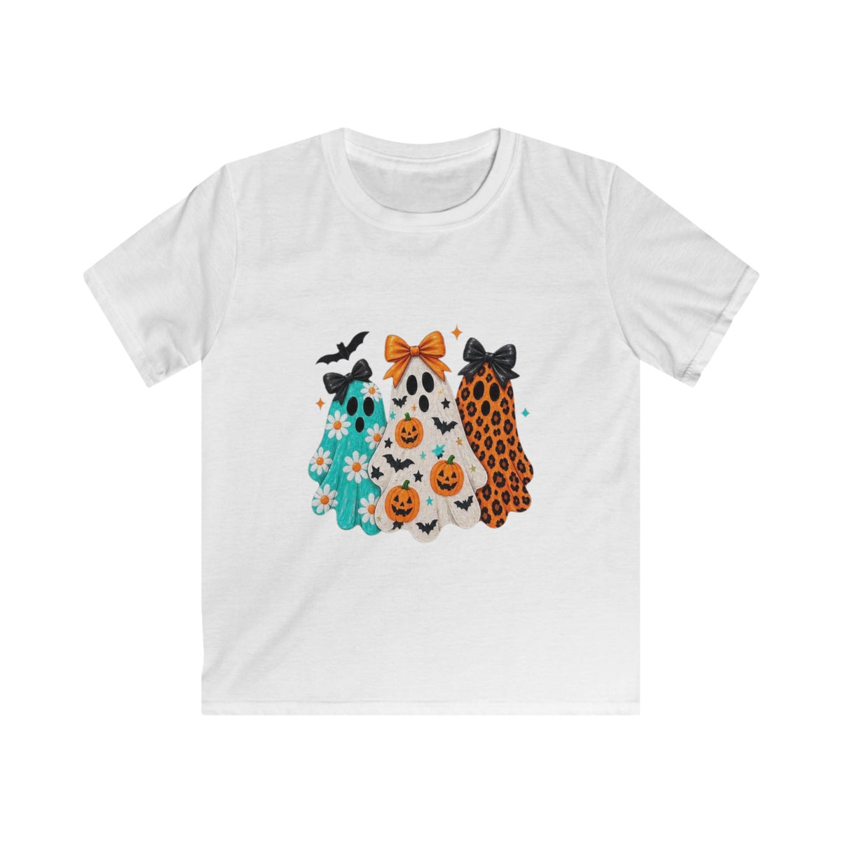 Kids Halloween Ghost Tee — Cute Floral & Leopard Ghosts with Pumpkins
