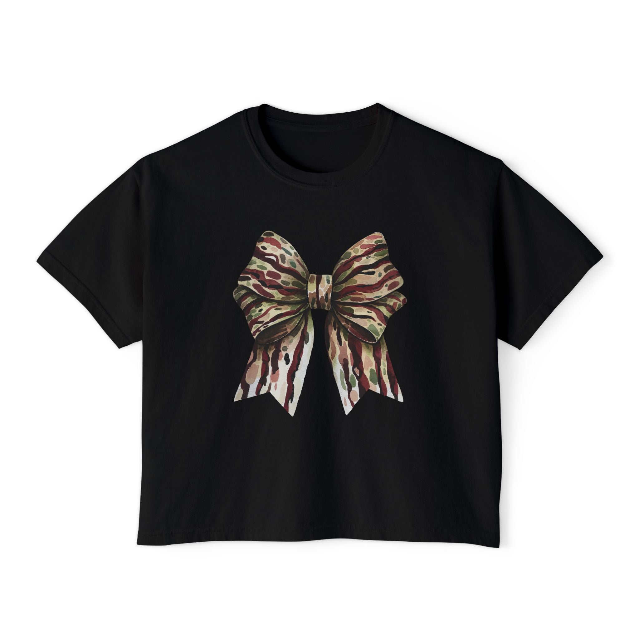 Camo Bow Women's Boxy Tee — Trendy Camouflage Bow Graphic Crop T-Shirt