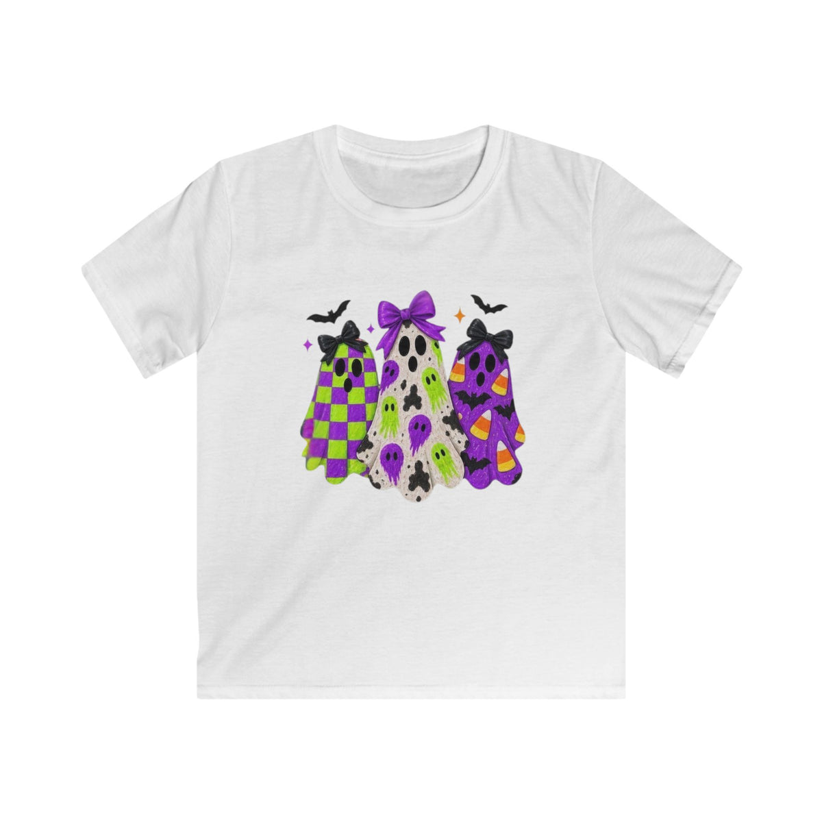 Kids Halloween Ghost Tee — Cute Purple & Green Ghosts Graphic Shirt