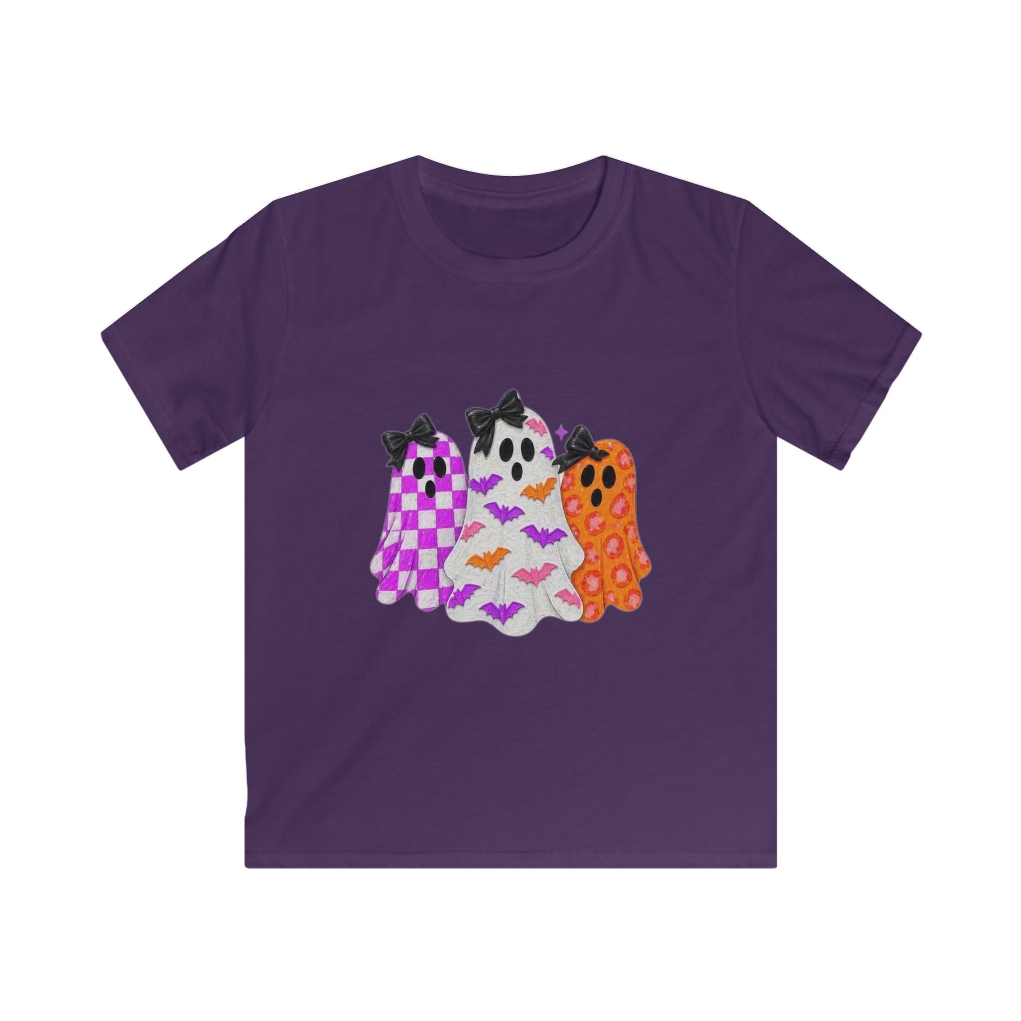 Kids Halloween Ghosts T‑Shirt — Cute Purple & Orange Ghost Trio with Bows