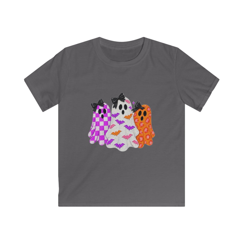Kids Halloween Ghosts T‑Shirt — Cute Purple & Orange Ghost Trio with Bows