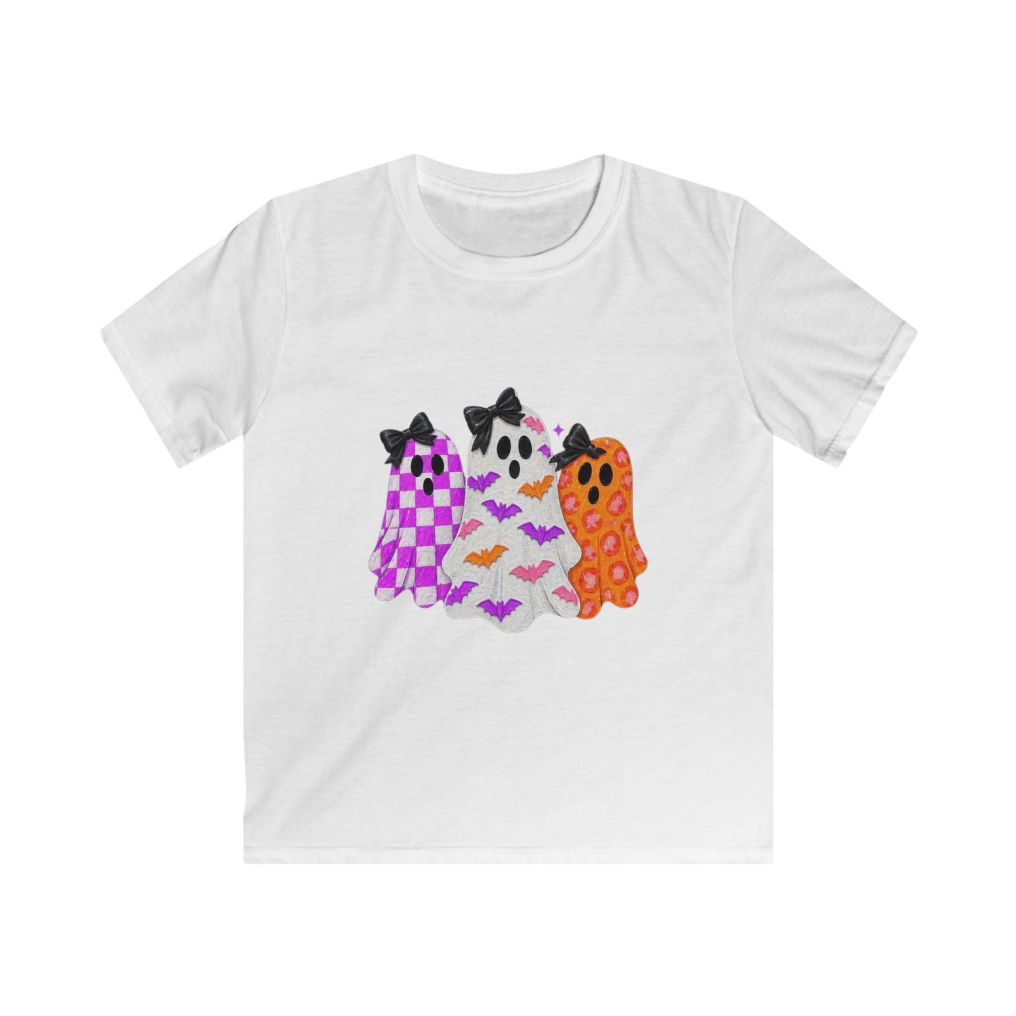 Kids Halloween Ghosts T‑Shirt — Cute Purple & Orange Ghost Trio with Bows