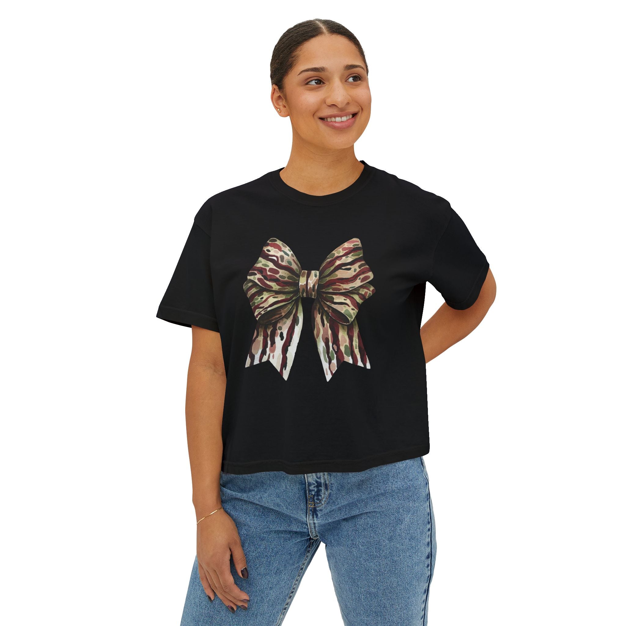 Camo Bow Women's Boxy Tee — Trendy Camouflage Bow Graphic Crop T-Shirt
