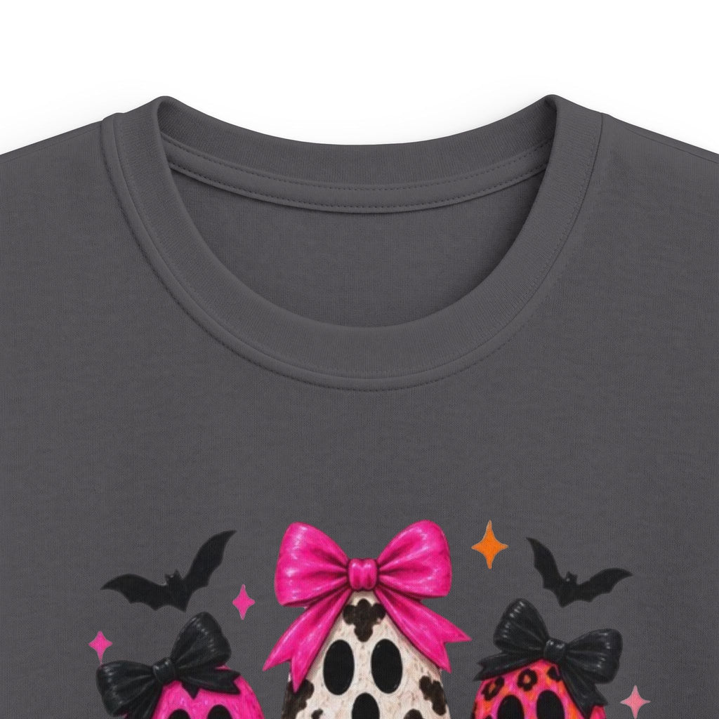 Kids Halloween Leopard Print Ghosts T-Shirt – Pink Bow Spooky Tee for Girls