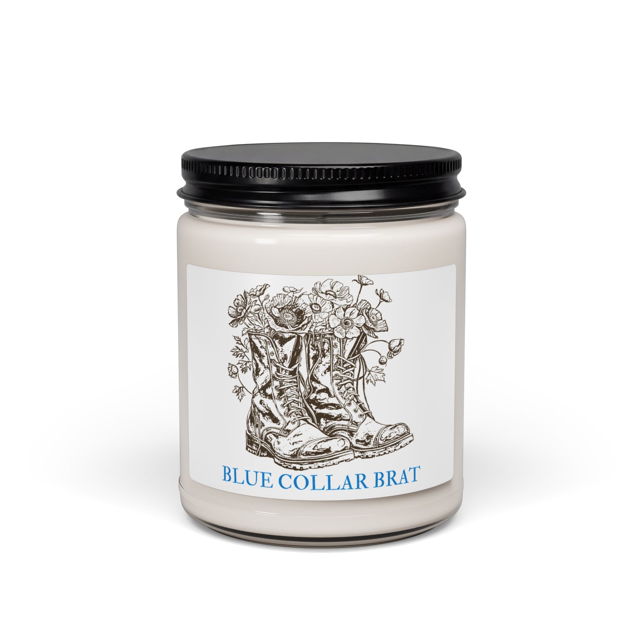 Blue Collar Brat Soy Candle — 9oz Scented Jar (Boots & Wildflower Design)
