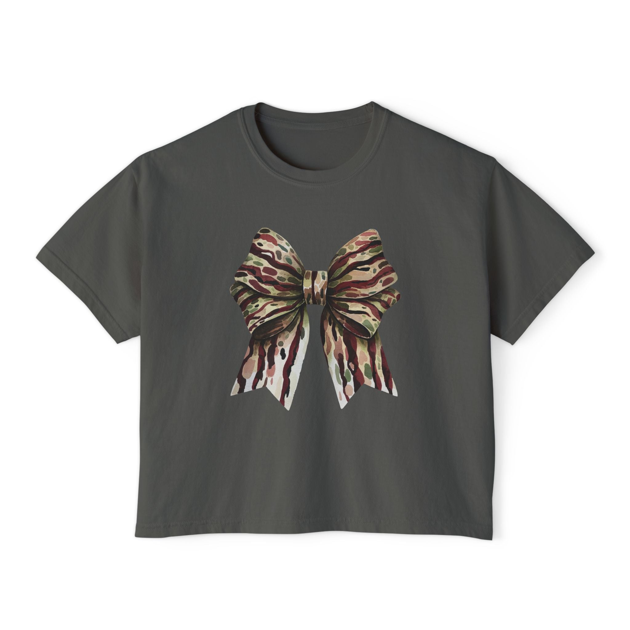 Camo Bow Women's Boxy Tee — Trendy Camouflage Bow Graphic Crop T-Shirt