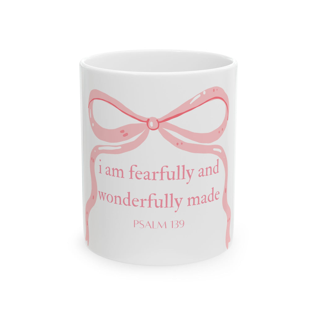 Psalm 139 Pink Ribbon Ceramic Mug — "I Am Fearfully and Wonderfully Made" Inspirational Coffee Cup