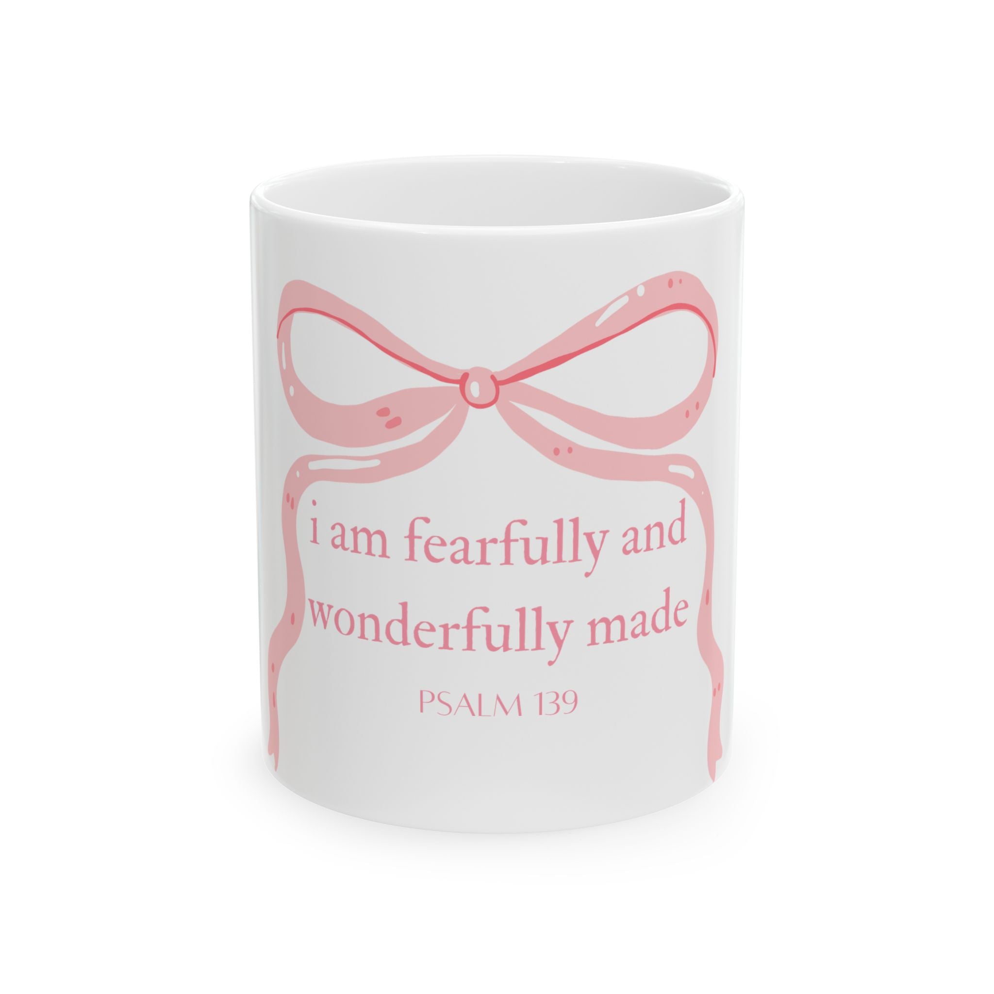Psalm 139 Pink Ribbon Ceramic Mug — "I Am Fearfully and Wonderfully Made" Inspirational Coffee Cup