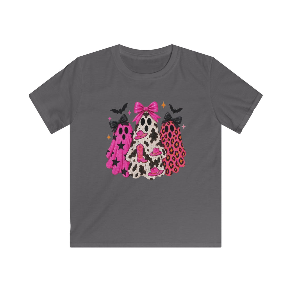 Kids Halloween Leopard Print Ghosts T-Shirt – Pink Bow Spooky Tee for Girls