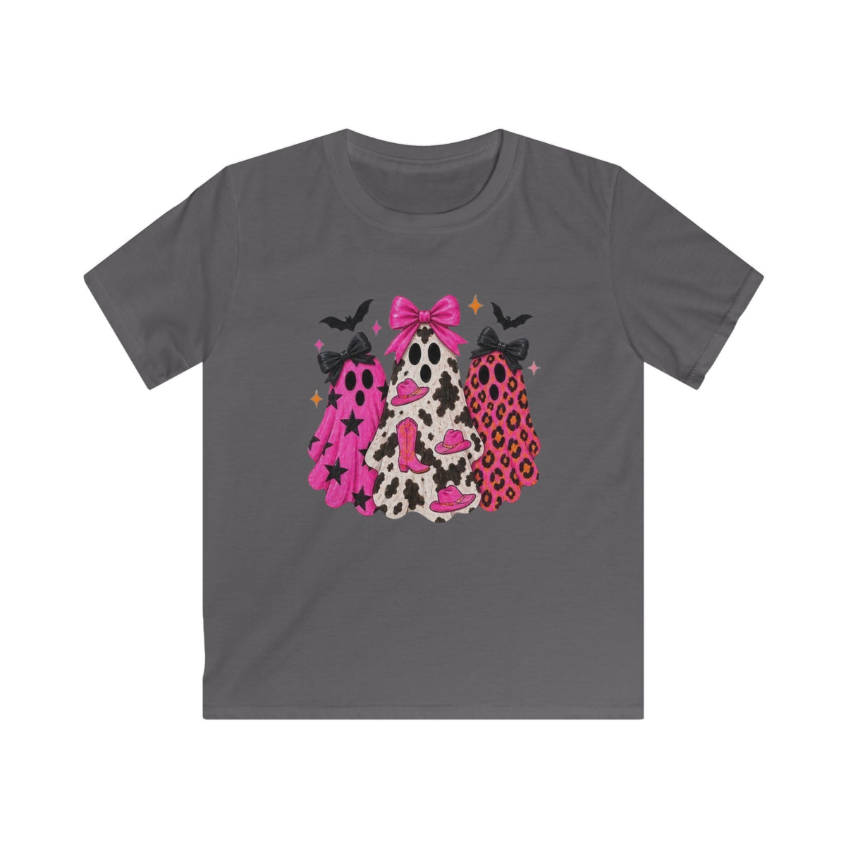 Kids Halloween Leopard Print Ghosts T-Shirt – Pink Bow Spooky Tee for Girls