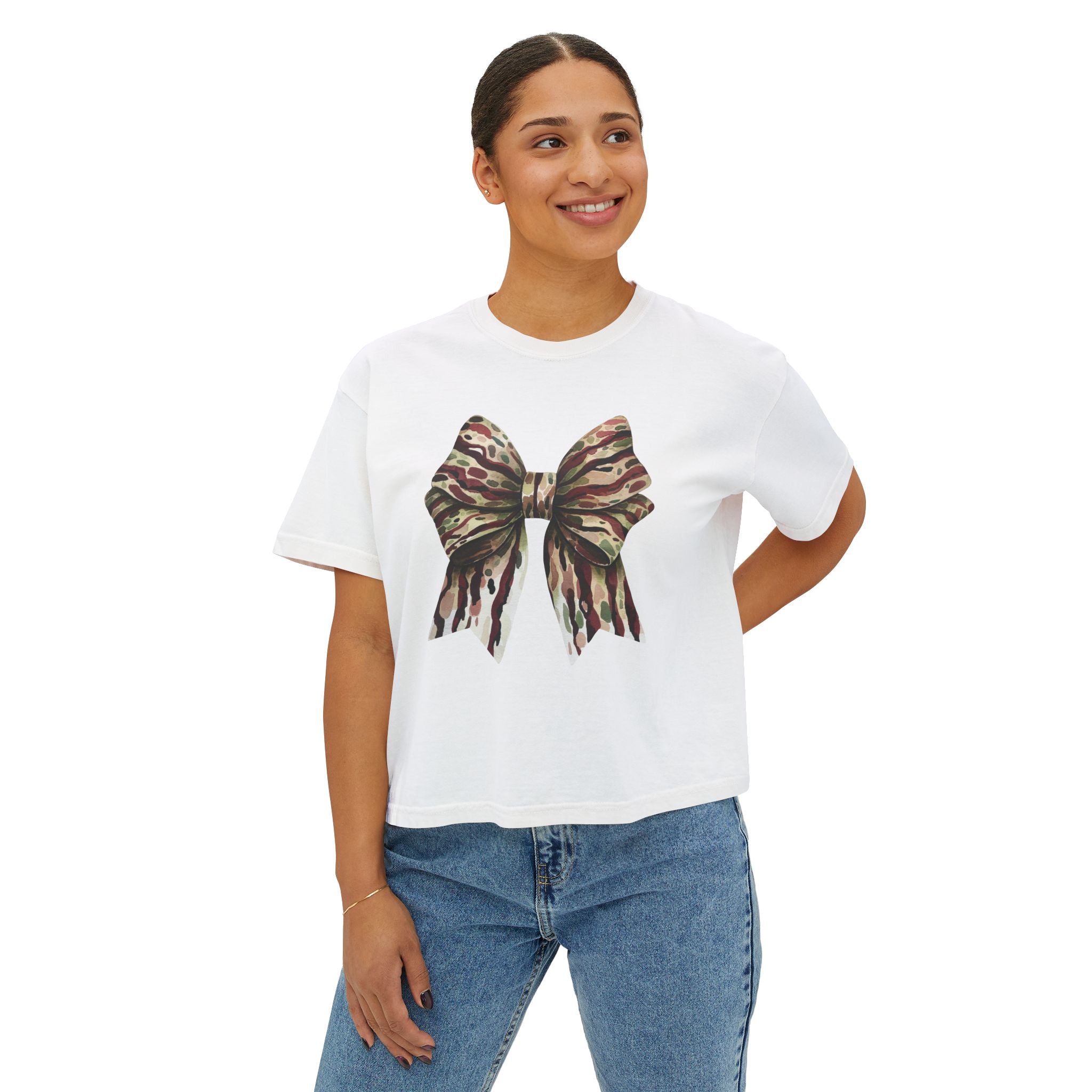 Camo Bow Women's Boxy Tee — Trendy Camouflage Bow Graphic Crop T-Shirt