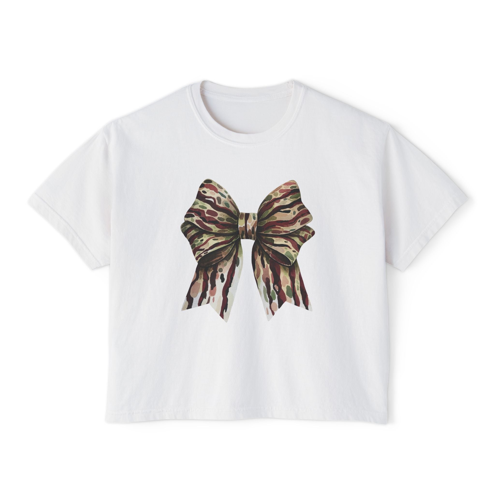 Camo Bow Women's Boxy Tee — Trendy Camouflage Bow Graphic Crop T-Shirt