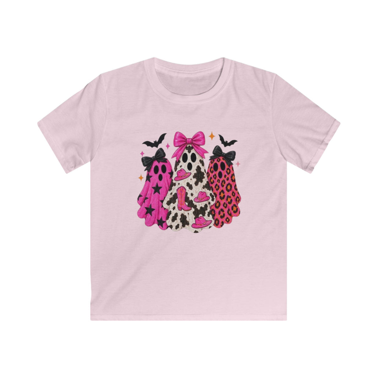 Kids Halloween Leopard Print Ghosts T-Shirt – Pink Bow Spooky Tee for Girls